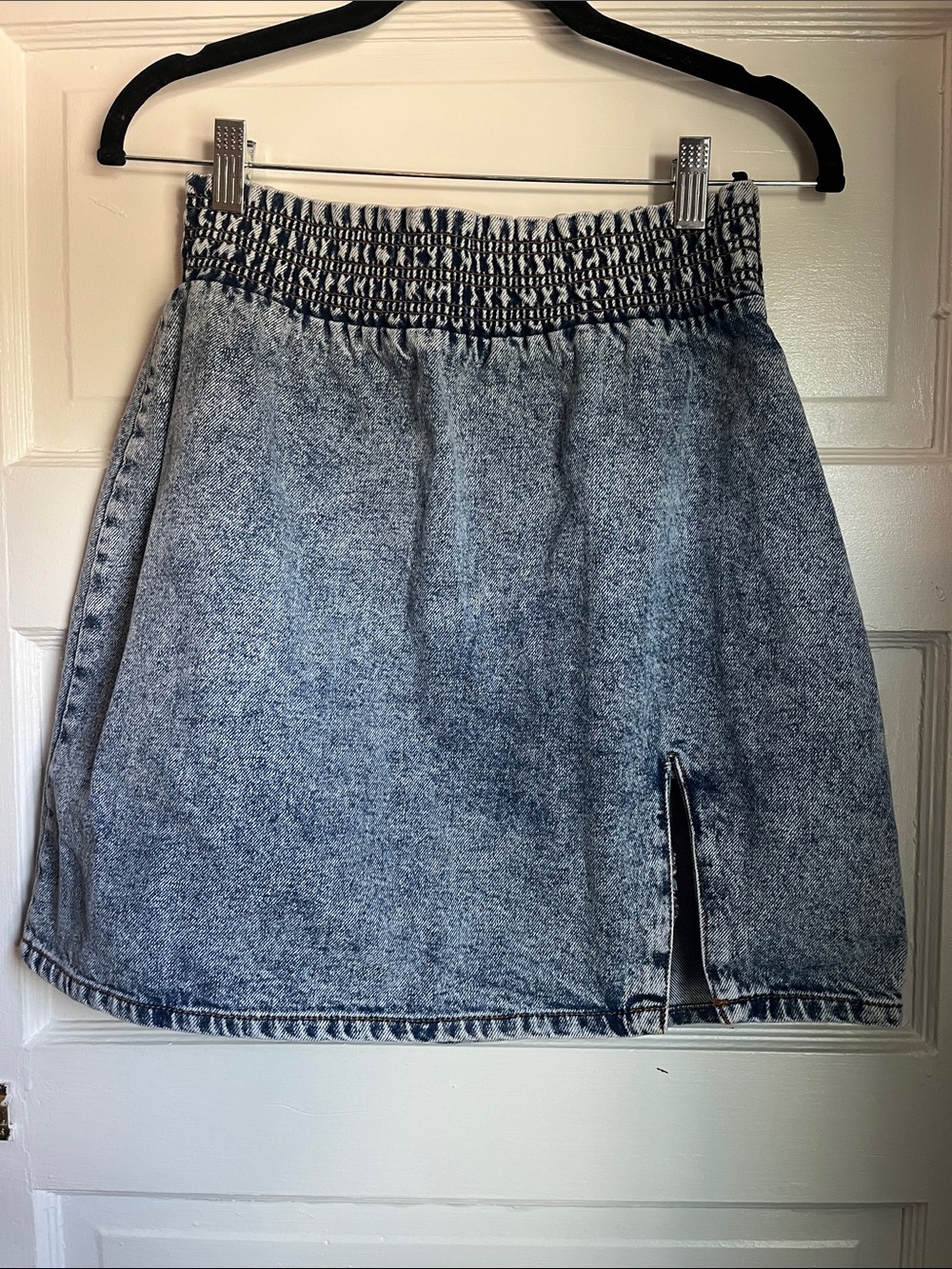 BDG Light Wash Smocked Waist Mini Skirt with Front Slit